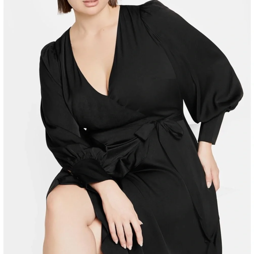 Elegant Black Matte Satin Flowing Ruffle Hem Balloon Sleeve True Wrap Dress - Picture 4 of 8